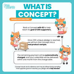 An informational graphic titled 'WHAT IS CONCEPT?' explains a crowdfunding pledge process. It features cartoon fox characters, text boxes detailing a $2 pledge for 200 supporters, and a note that the remaining payment is automatically charged.