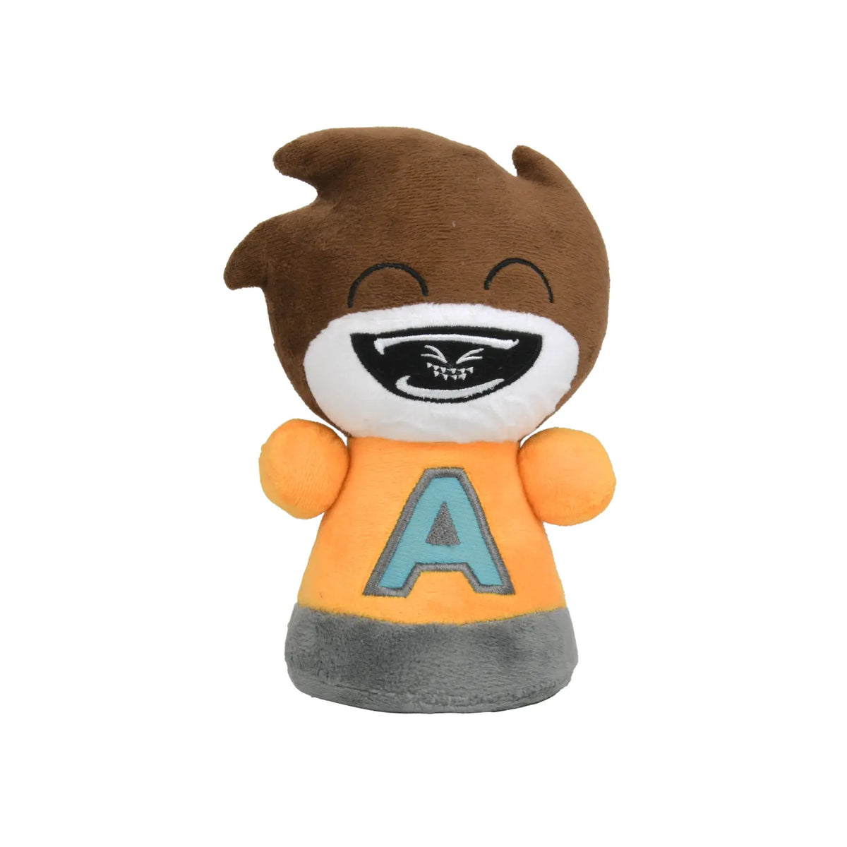 A plush toy character with brown hair, a white face, a black mouth, and an orange shirt featuring a light blue letter 'A' on the front, set against a plain white background.