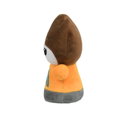 A plush toy character with brown hair, a white face, a black mouth, and an orange shirt featuring a light blue letter 'A' on the front, set against a plain white background.