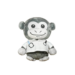 A plush monkey toy wearing a white shirt with black circular graphics and a small blue accent, photographed against a plain white background.