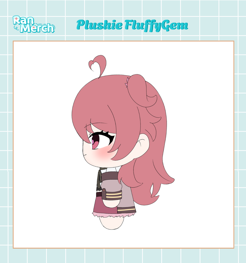 A chibi-style plushie illustration of a pink-haired girl with a ponytail, shown on a white card with a light blue grid border. The text 'RanMerch' and 'Plushie FluffyGem' appears at the top.