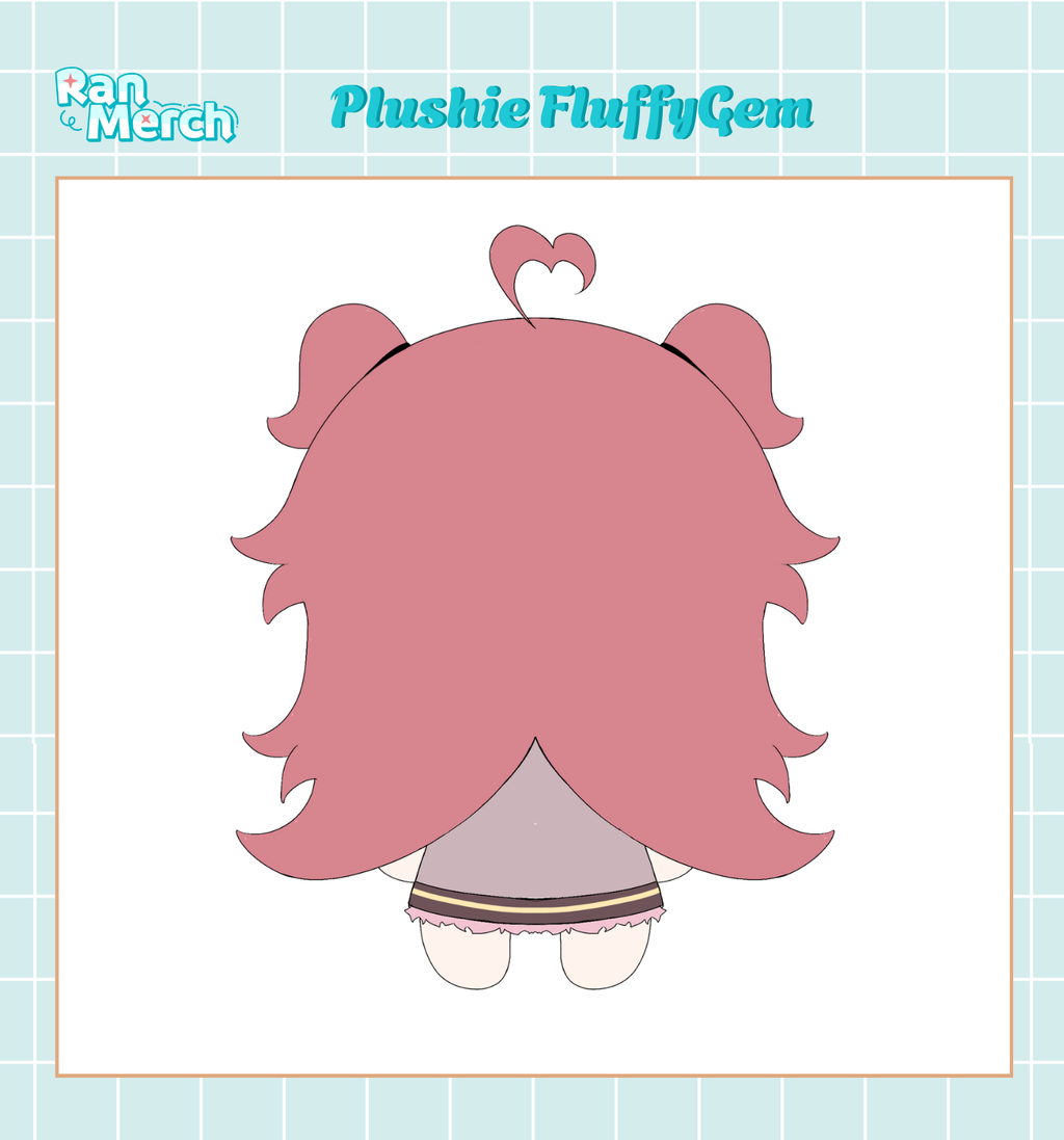 A die-cut paper cutout of an anime-style plush character from the back, featuring long pink hair, a small heart-shaped hair tuft, and a lavender dress, shown on a white card with a light blue grid border.