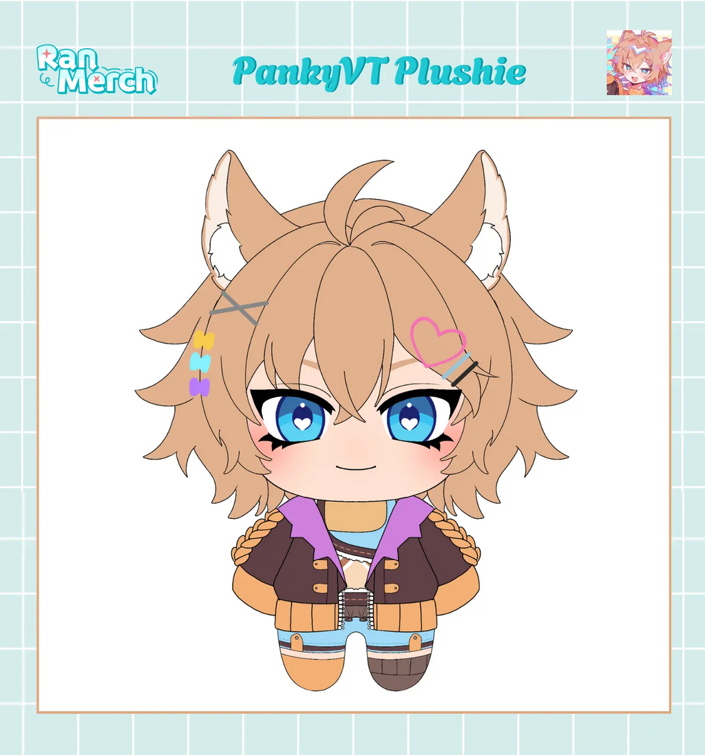 A chibi-style plushie illustration of a character with light brown hair, blue eyes, animal-like ears, and a purple-and-brown outfit, centered on a white card with decorative text and a pastel grid border.