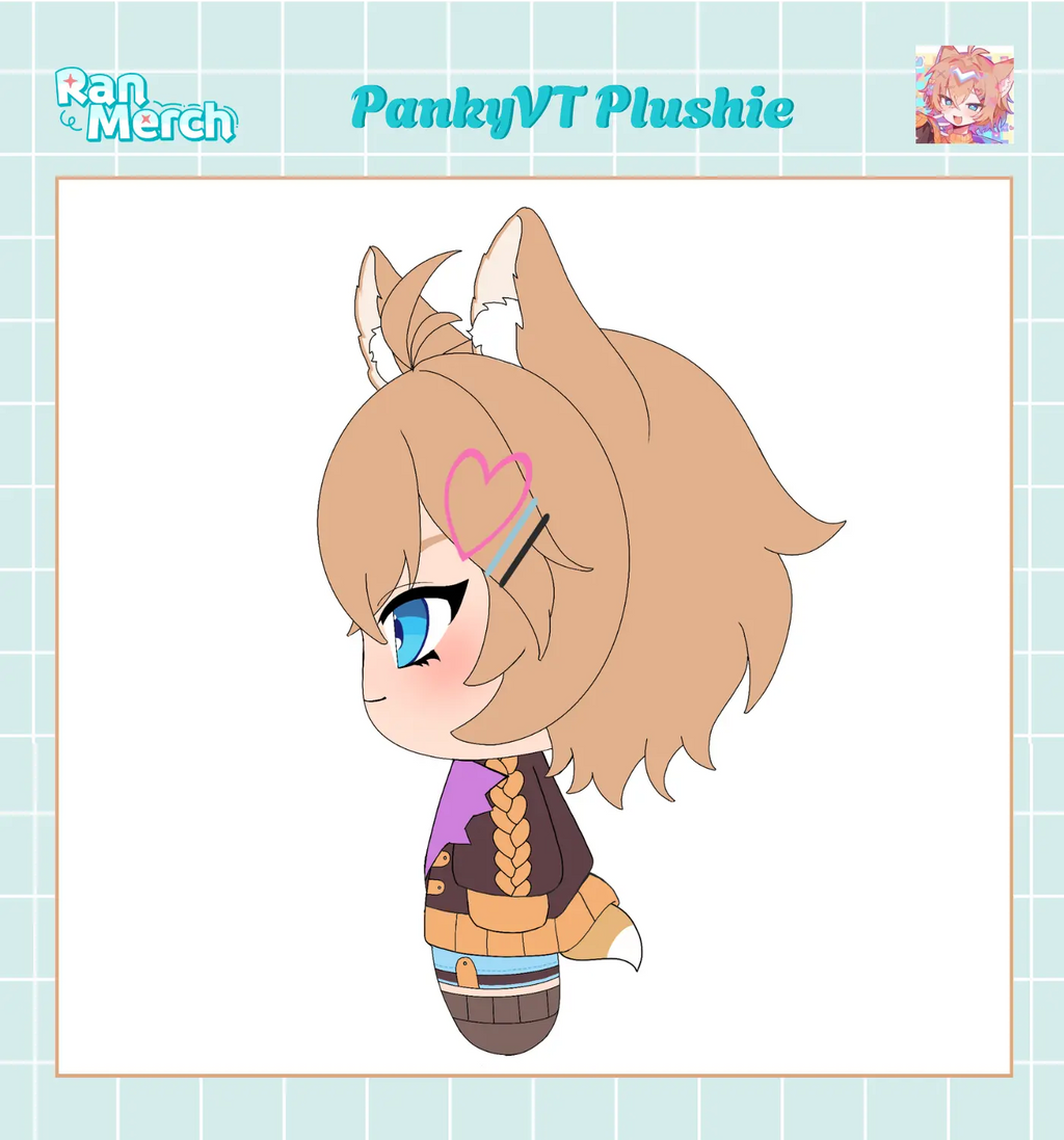 A chibi-style plushie illustration of a fox-eared character with tan hair, blue eyes, a pink heart on the head, and a purple-and-brown outfit, centered on a white panel with a pale blue grid border. Text at the top reads 'RanMerch' and 'PankyVT Plushie'.