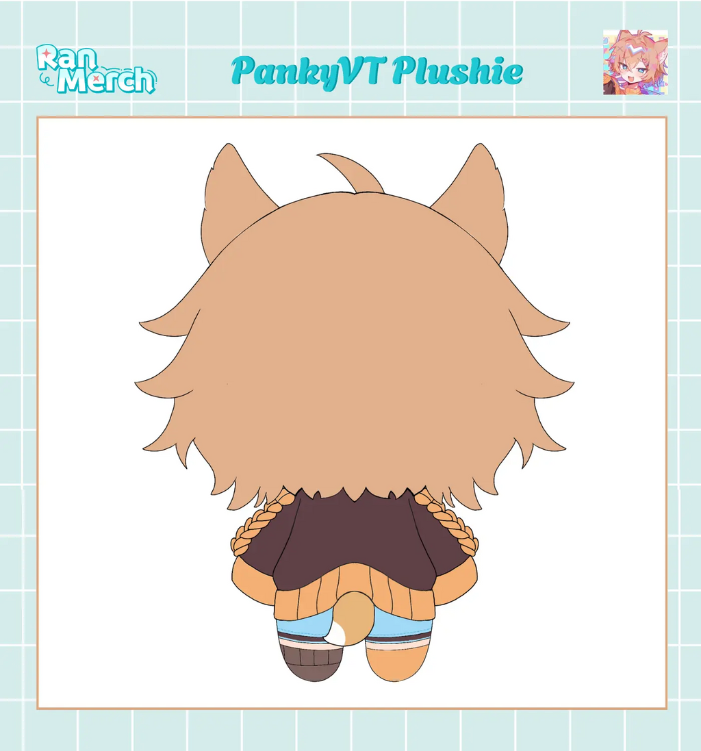A chibi-style plushie design preview showing the back view of a character with tan hair, pointed ears, a brown top, and light blue shorts. The image includes the text 'RanMerch' and 'PankyVT Plushie' on a pale blue grid background.