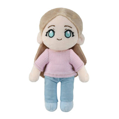 A custom plush doll with long light brown hair, large blue eyes, a pink ribbed sweater, and light blue pants, shown against a plain white background.