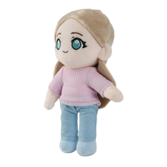 A custom plush doll with long light brown hair, large blue eyes, a pink ribbed sweater, and light blue pants, shown against a plain white background.