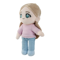 A custom plush doll with long light brown hair, large blue eyes, a pink ribbed sweater, and light blue pants, shown against a plain white background.