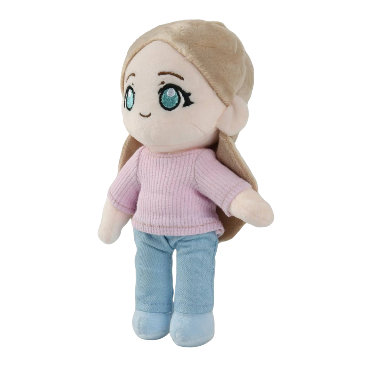 A custom plush doll with long light brown hair, large blue eyes, a pink ribbed sweater, and light blue pants, shown against a plain white background.