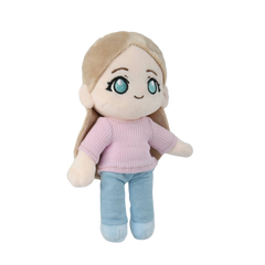 A custom plush doll with long light brown hair, large blue eyes, a pink ribbed sweater, and light blue pants, shown against a plain white background.