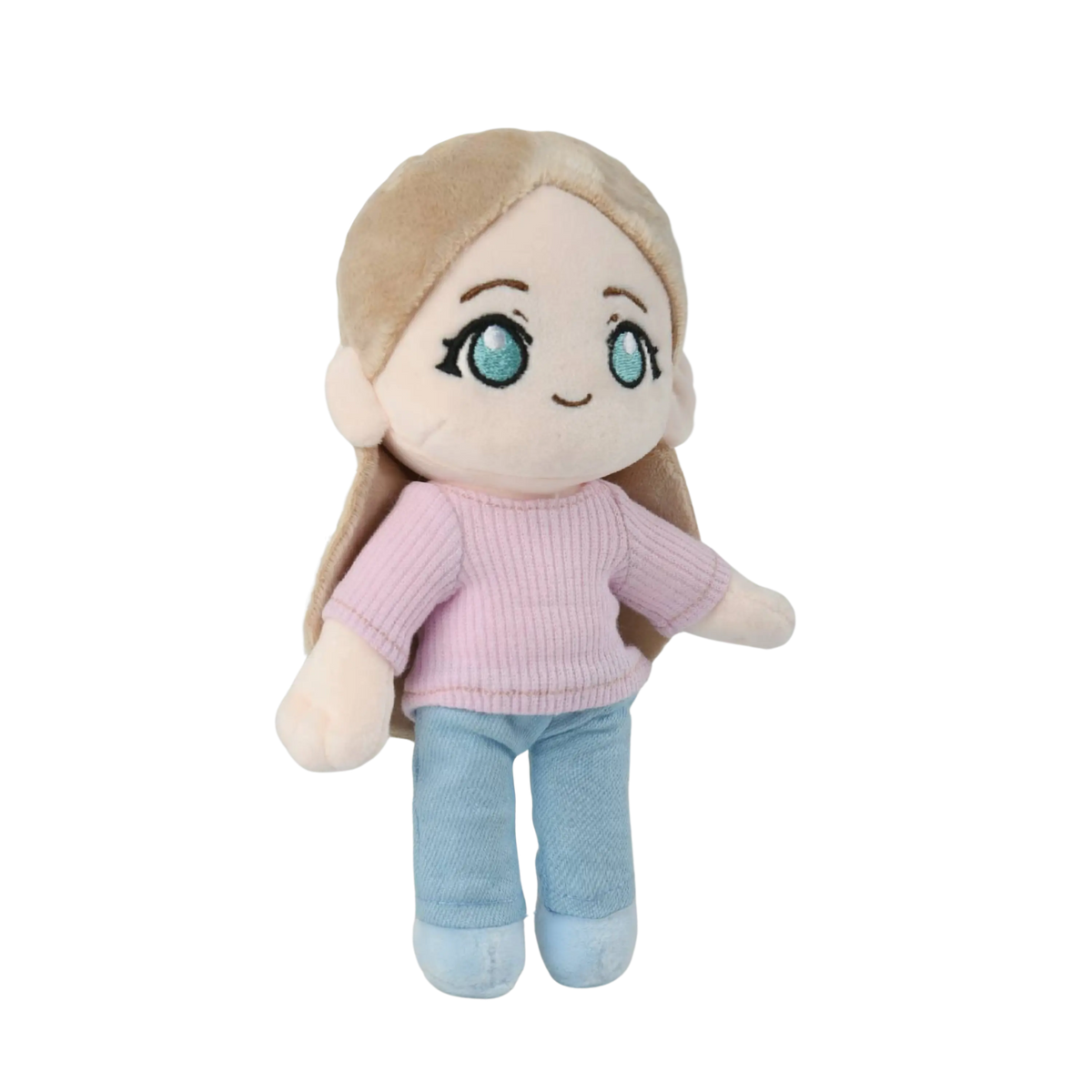A custom plush doll with long light brown hair, large blue eyes, a pink ribbed sweater, and light blue pants, shown against a plain white background.