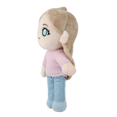 A custom plush doll with long light brown hair, large blue eyes, a pink ribbed sweater, and light blue pants, shown against a plain white background.