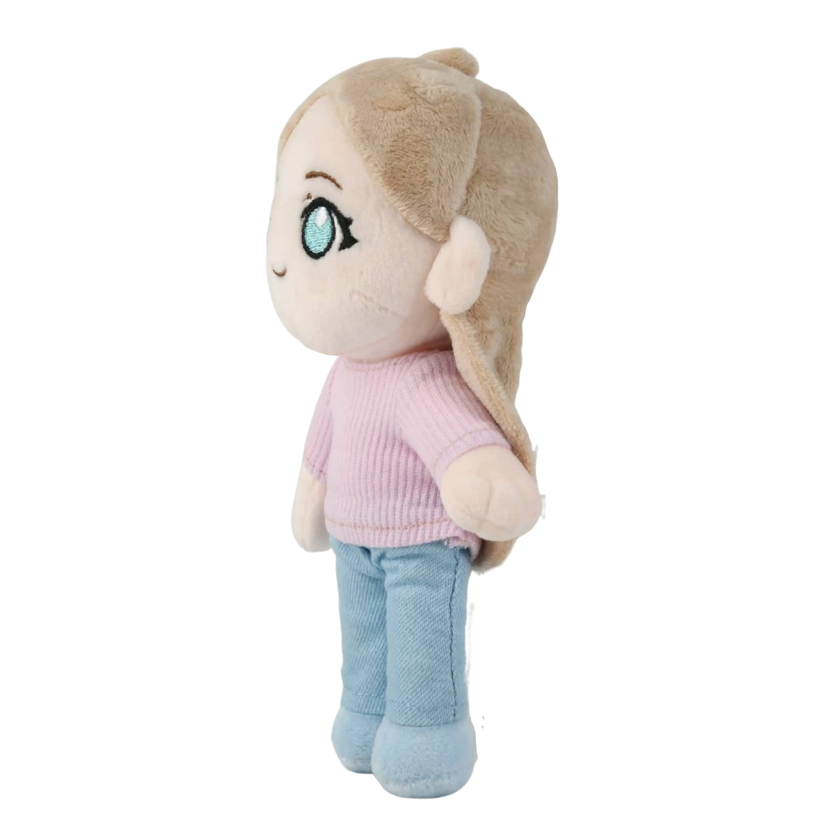 A custom plush doll with long light brown hair, large blue eyes, a pink ribbed sweater, and light blue pants, shown against a plain white background.