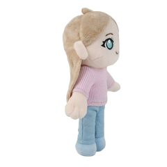 A custom plush doll with long light brown hair, large blue eyes, a pink ribbed sweater, and light blue pants, shown against a plain white background.