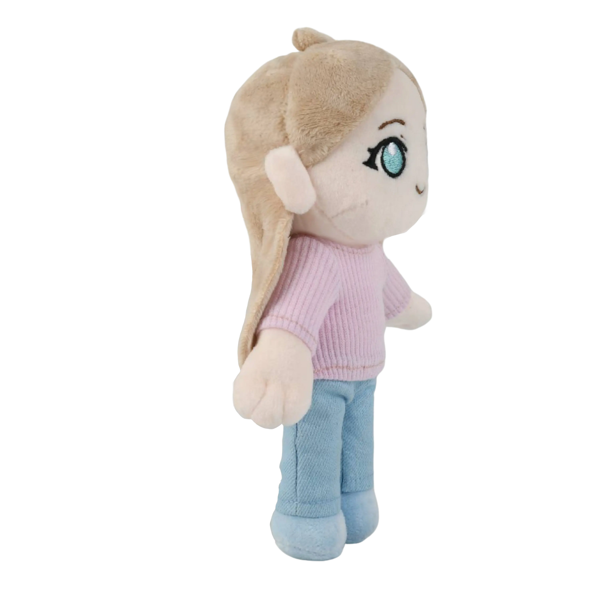 A custom plush doll with long light brown hair, large blue eyes, a pink ribbed sweater, and light blue pants, shown against a plain white background.