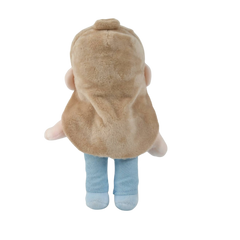 A custom plush doll with long light brown hair, large blue eyes, a pink ribbed sweater, and light blue pants, shown against a plain white background.