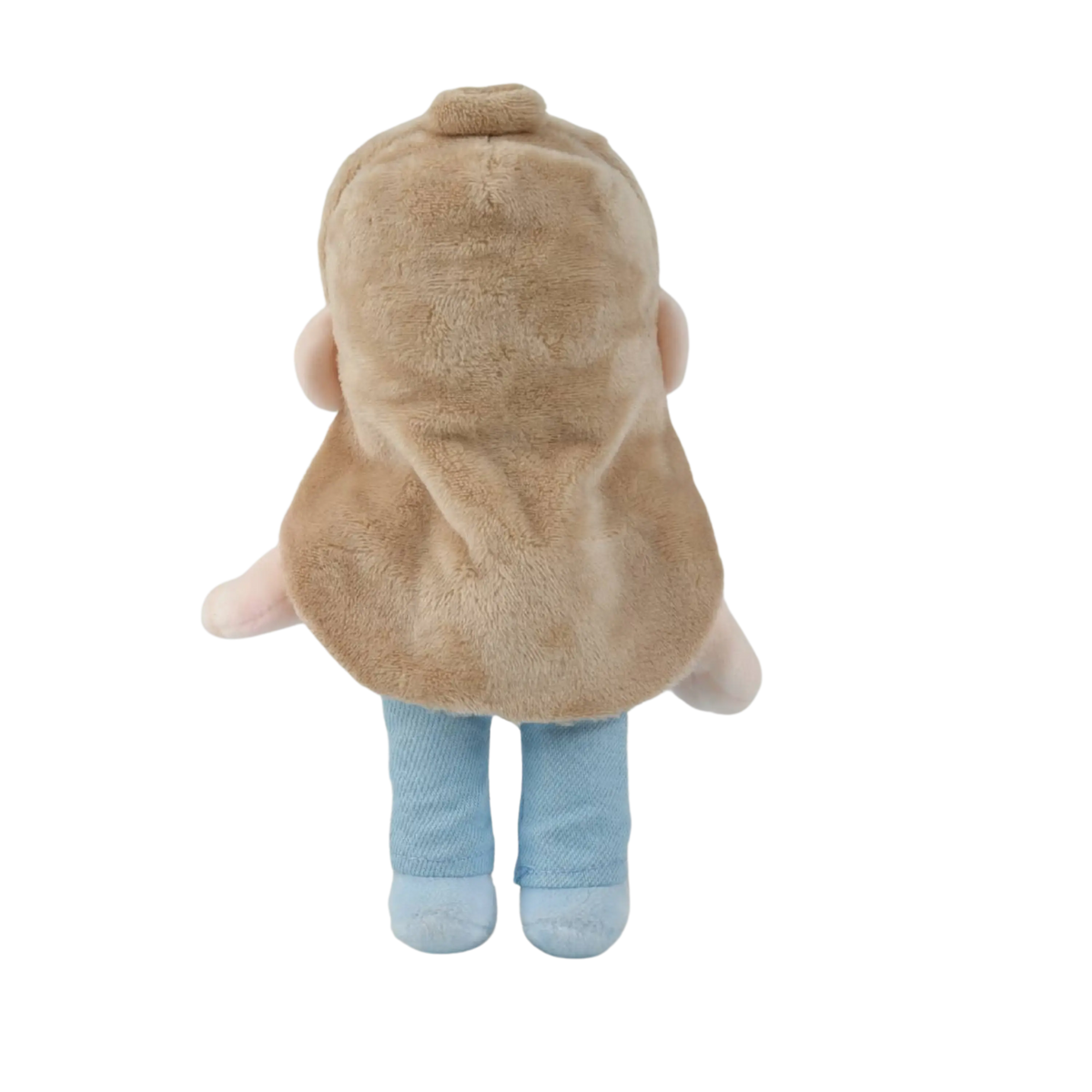 A custom plush doll with long light brown hair, large blue eyes, a pink ribbed sweater, and light blue pants, shown against a plain white background.