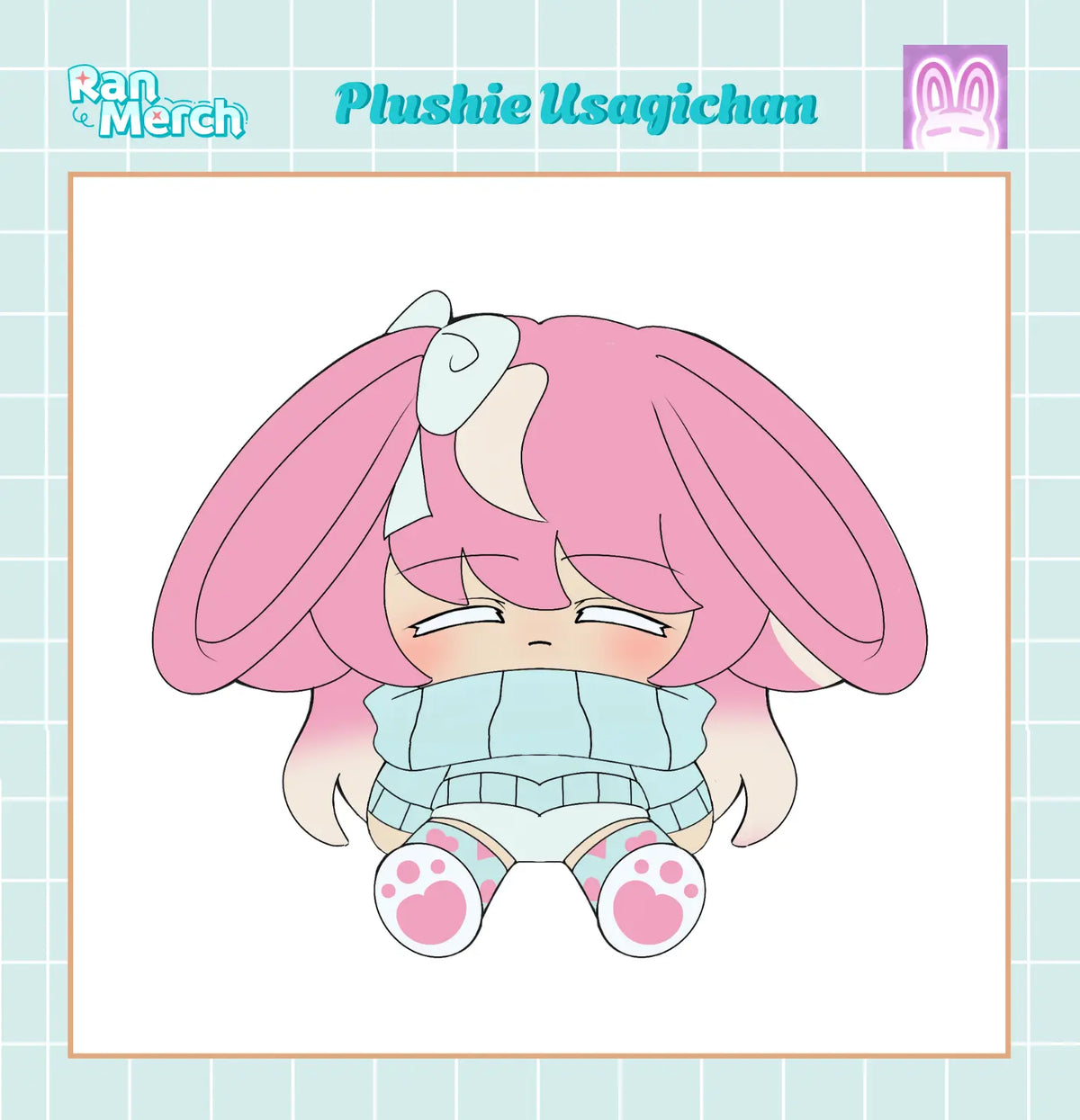 A chibi-style plushie illustration of Usagichan with long pink bunny ears, a white bow, and a light blue outfit, centered on a white card with a pale blue grid border. Text at the top reads 'Plushie Usagichan' and 'Ran Merch'.