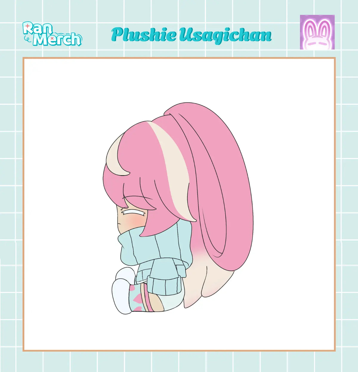 A chibi-style plushie illustration of Usagichan with pink hair, a light blue outfit, and white accents, centered on a white card with a pale blue grid border. Text at the top reads 'Plushie Usagichan' with 'Ran Merch' branding in the corner.