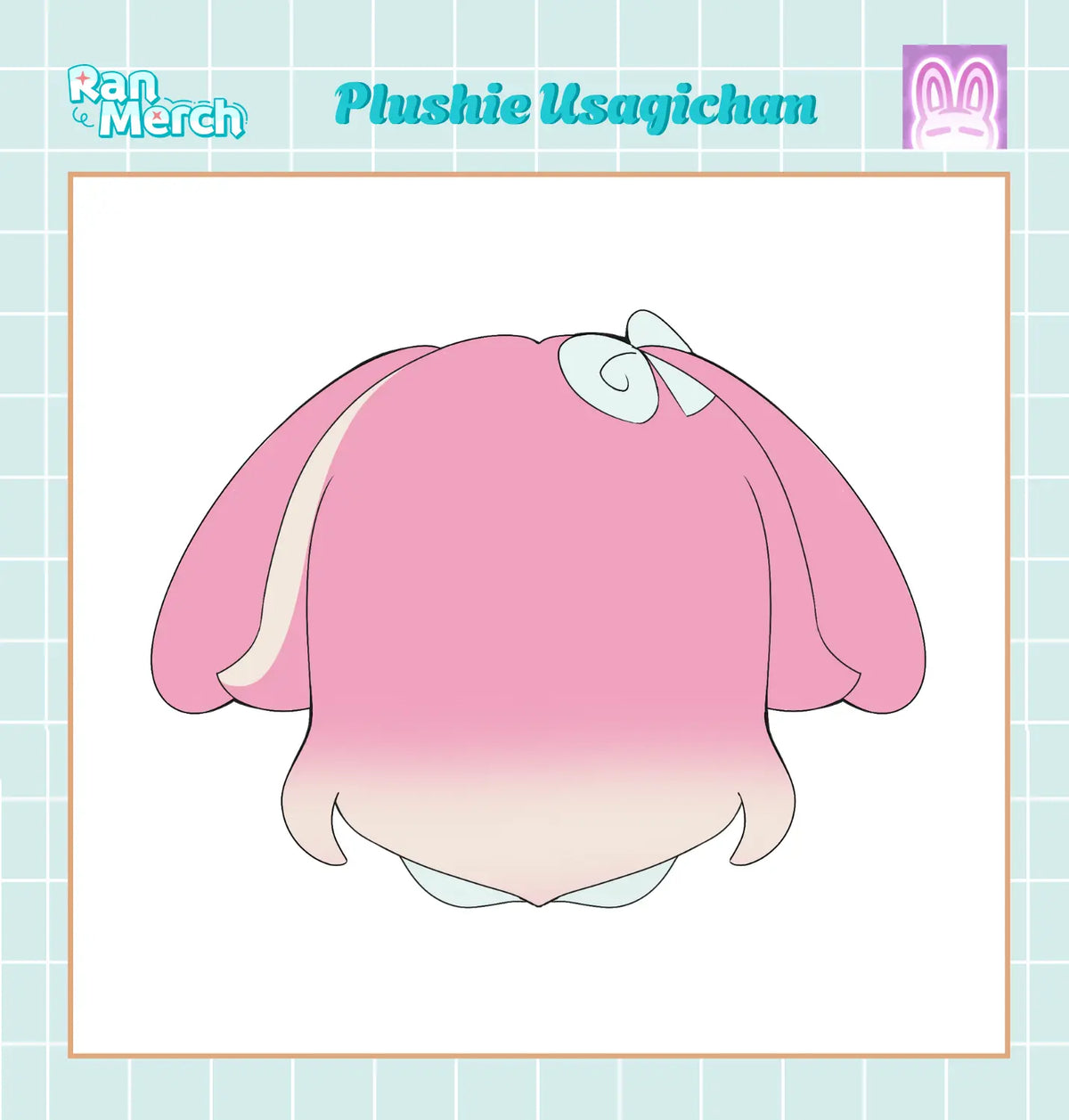 A pink plushie character design labeled 'Plushie Usagichan' with a white bow, shown on a light blue grid background with 'Ran Merch' branding.