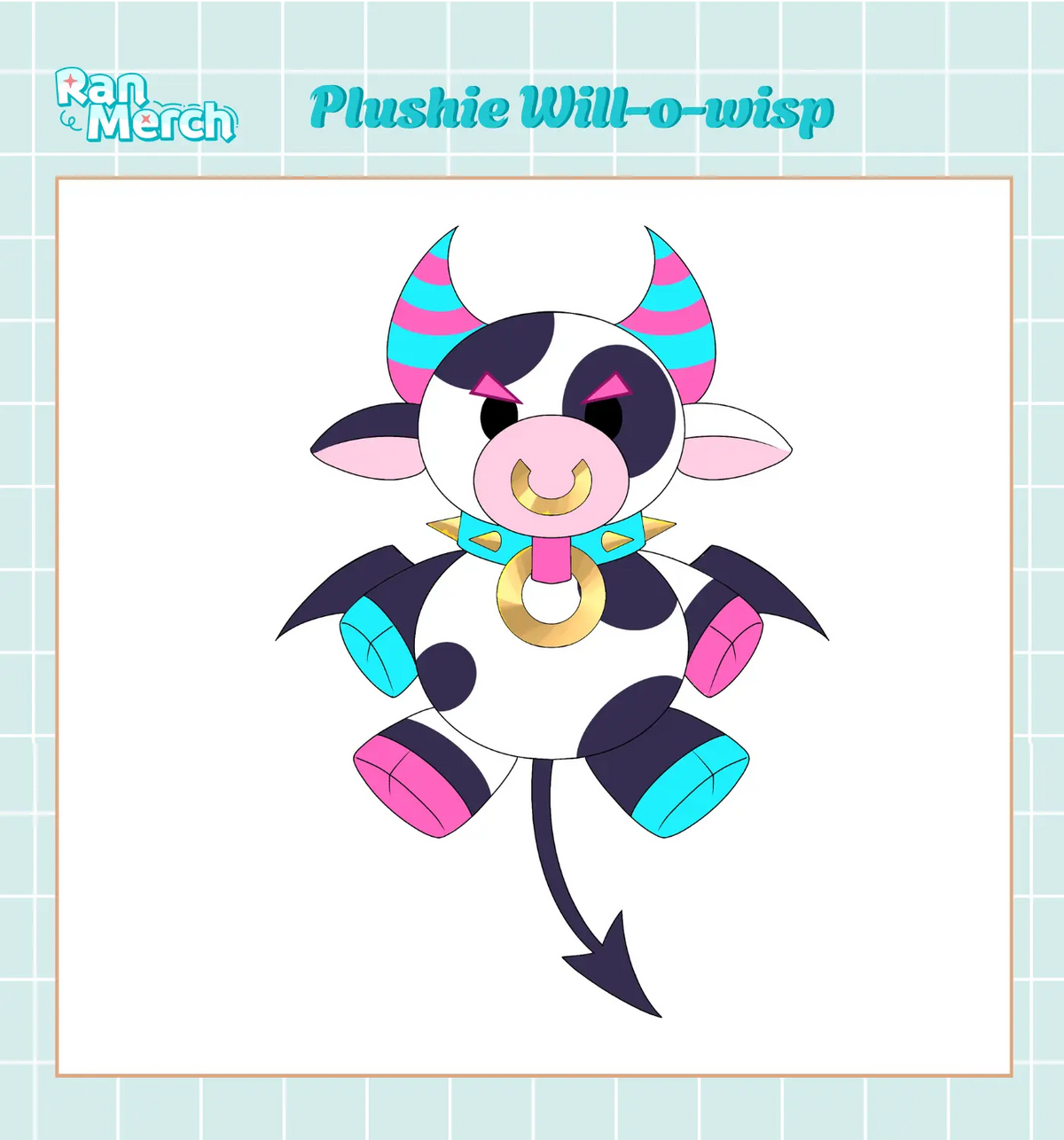 A cartoon-style plush toy design labeled 'Plushie Will-o-wisp' with a white body, black patches, pink and blue horns, a gold nose ring, and pink and blue hooves, centered on a white card with a pale blue grid background.