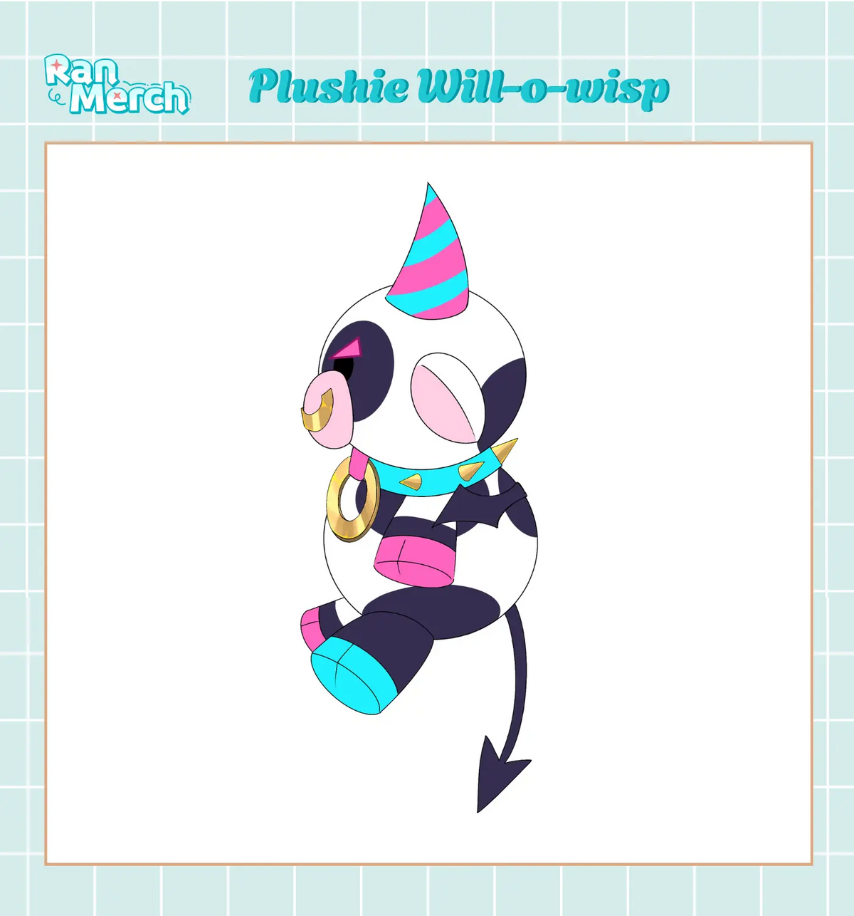 A digital illustration of a plush toy character named 'Plushie Will-o-wisp' by Ran Merch. The character is a stylized black and white cow with a pink and blue striped horn, wearing a turquoise collar with gold accents.