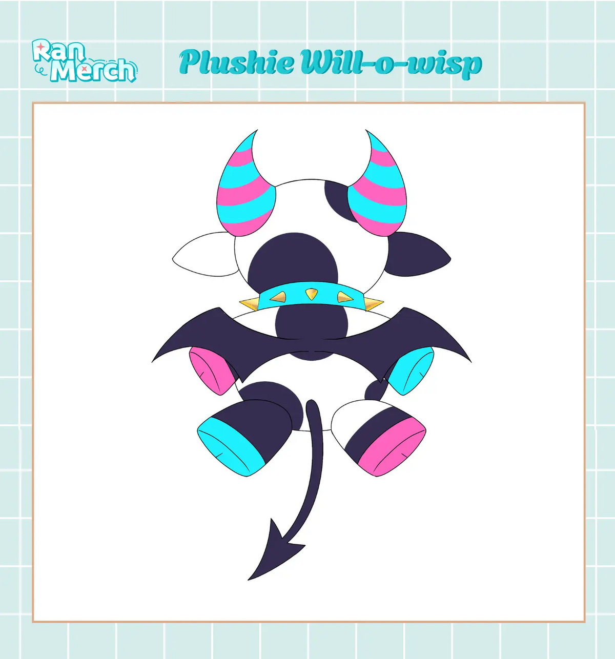 A stylized plush toy illustration of a cow-like character with bat wings, a curved tail, pink and cyan striped horns, and a turquoise collar, centered on a white card with a pale blue grid border. Text at the top reads 'Plushie Will-o-wisp' and the top-left corner shows 'Ran Merch'.